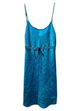 Vintage Y2K Delicates Intimates Slip Dress Blue Satin Animal Print Mini Size S/M
